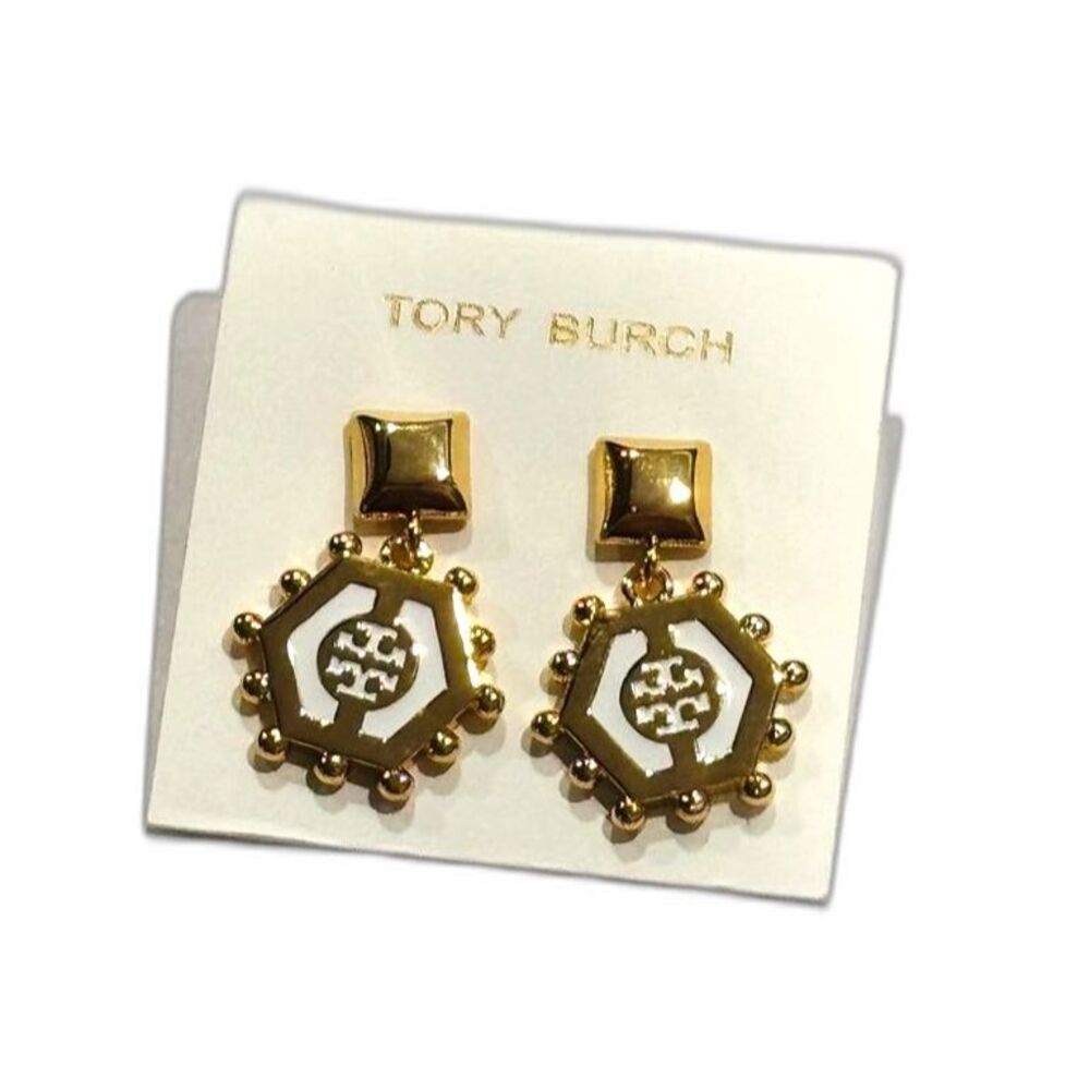 NWT Tory Burch Gold White Hexagon Enamel Logo Drop Earrings  1.5”Statement